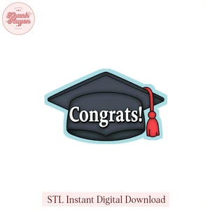 May include: A graduation cap illustration with the word "Congrats!" in white text. The cap is black with a red tassel and a light blue outline. The words "STL Instant Digital Download" are below the cap.