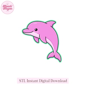Può includere: Un delfino rosa dei cartoni animati con un contorno verde, sorridente con un occhio nero. L'immagine include il testo "STL Instant Digital Download" in un rettangolo rosa.