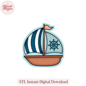 May include: A cartoon sailboat design with a blue and white striped sail, a brown hull, and a teal steering wheel. The image has a light blue outline and a small orange flag. The text "STL Instant Digital Download" is at the bottom.