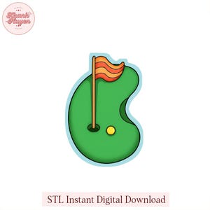 May include: A green golf course design with a yellow golf ball, a brown flag pole, and an orange and yellow striped flag. The design includes the text "STL Instant Digital Download" in a pink rectangle.