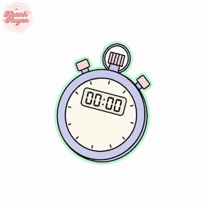 May include: A cartoon-style stopwatch illustration. The stopwatch is light purple with a green outline and features a digital display showing "00:00". It has pink buttons and a top dial. The design is simple and clean.