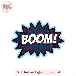 Pode incluir: Gráfico em estilo de banda desenhada "BOOM!" em branco, vermelho e azul marinho, com uma contorno azul claro. O texto "BOOM!" está em letras brancas em negrito com uma contorno vermelho. Download digital.