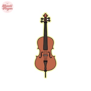 Pode incluir: Ilustração de desenho animado de um violoncelo. O instrumento é marrom com uma escala preta e um contorno amarelo. O violoncelo tem uma ponte, efes e um estandarte. A cabeça tem quatro cravelhas.
