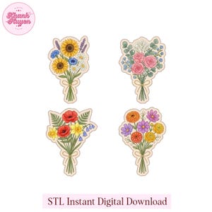May include: Four distinct floral bouquet stickers featuring illustrated sunflowers, lavender, roses, poppies, daffodils, and various colorful wildflowers. Each bouquet is tied with a simple tan ribbon. The text Khanh Huyen appears in a circular logo.
