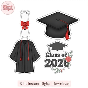 May include: A collection of graduation-themed cookie cutters. Includes a mortarboard cap with a red tassel, a diploma with a red bow, a graduation gown with red tassels, and a design that says "Class of 2020" with floral accents. The phrase "STL Instant Digital Download" is at the bottom.