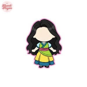 May include: A cartoon illustration of a character with long black hair, wearing a yellow and green dress with a pink sash. The character has a blank face and is outlined in pink. The image has a white background.