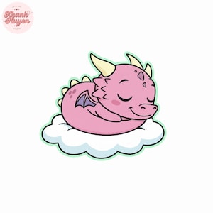 May include: A cartoon illustration of a sleeping pink dragon with yellow horns and purple wings, resting on a white cloud with a light green outline. The dragon has closed eyes and a gentle smile.