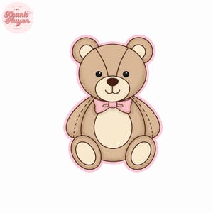 May include: A cartoon illustration of a teddy bear with a pink bow tie. The bear is light brown with a cream-colored belly and inner ears. It has black eyes and a brown nose. The outline is pink, and the image is on a white background.