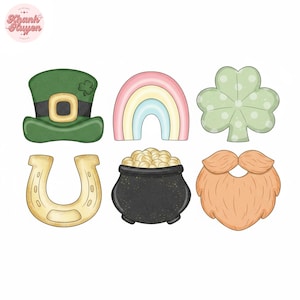 May include: A collection of St. Patrick's Day themed cookie cutters. The set includes a green leprechaun hat, a rainbow, a shamrock, a horseshoe, a pot of gold, and a ginger beard.