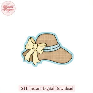 May include: A straw hat with a light yellow bow and a blue and white striped band. The hat is outlined in light blue. The text "STL Instant Digital Download" is at the bottom of the image.