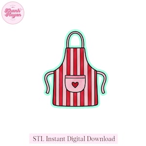 May include: A digital illustration of a red and pink striped apron with a pocket featuring a heart. The apron has a light green outline and the text "STL Instant Digital Download" at the bottom. A pink circle with text is in the upper left corner.