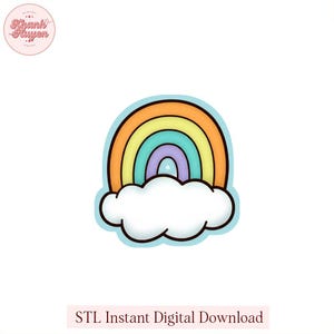 May include: A colorful rainbow design with orange, yellow, green, and purple arches over a white cloud. The design is outlined in black and set against a light blue background. The text "STL Instant Digital Download" is at the bottom.