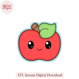 May include: A red apple-shaped design with a smiling face, black eyes, and a green leaf. The apple has a light blue outline. The text "STL Instant Digital Download" is below the apple.