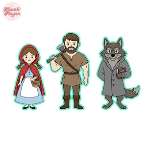 Puede incluir: Tres personajes de dibujos animados del cuento de Caperucita Roja. Caperucita Roja lleva una capa roja y lleva una cesta. Un leñador sostiene un hacha. El lobo lleva un abrigo gris y gafas, sosteniendo un libro.