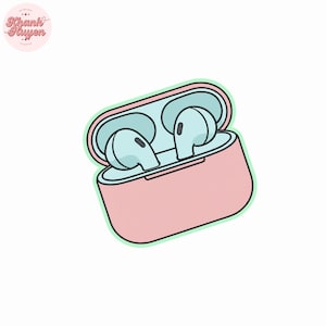 Może przedstawiać: Różowe etui na bezprzewodowe słuchawki z jasnoniebieskim wnętrzem i słuchawkami. Etui jest otwarte, ukazując dwie jasnoniebieskie słuchawki. Projekt ma zielony kontur. Obrazek zawiera tekst "Khanh Huyen" w różowym okręgu.