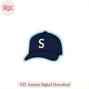 May include: Navy blue baseball cap with a white "S" logo. The cap is outlined in a light blue color. The text "STL Instant Digital Download" is at the bottom of the image.
