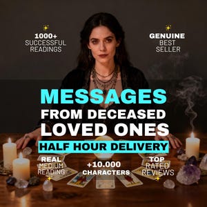 Puede incluir: Imagen de una mujer con velas, cristales y cartas del tarot. El texto dice "Mensajes de seres queridos fallecidos" con "Entrega en media hora". También incluye "1000+ lecturas exitosas" y "Auténtico más vendido".