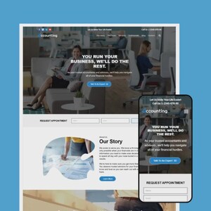 Könnte beinhalten: Eine Website und ein Smartphone-Bildschirm zeigen dieselbe Webseite. Die Website zeigt das Wort "ccounting" oben, mit dem Text "YOU RUN YOUR BUSINESS, WE'LL DO THE REST." Das Smartphone zeigt denselben Inhalt.