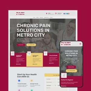May include: A website design and a mobile phone screen displaying the words "CHRONIC PAIN SOLUTIONS IN METRO CITY". The website has a maroon and yellow colour scheme. The mobile phone screen shows the same text and design.