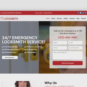 Op de afbeelding: Website-ontwerp voor een slotenmakerservice. De bovenste banner is rood met witte tekst. De hoofdafdeling benadrukt 24/7 noodslotenmakersdiensten. Aan de rechterkant staat een contactformulier met een telefoonnummer.
