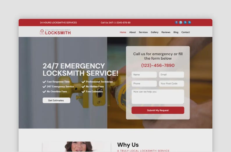 Op de afbeelding: Website-ontwerp voor een slotenmakerservice. De bovenste banner is rood met witte tekst. De hoofdafdeling benadrukt 24/7 noodslotenmakersdiensten. Aan de rechterkant staat een contactformulier met een telefoonnummer.