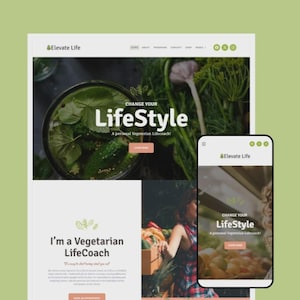 Puede incluir: Diseño web para "Elevate Life" mostrado en escritorio y móvil. El sitio promueve un estilo de vida vegetariano con el texto "Change Your LifeStyle" y "I'm a Vegetarian LifeCoach". El diseño utiliza una combinación de colores verde y blanco.