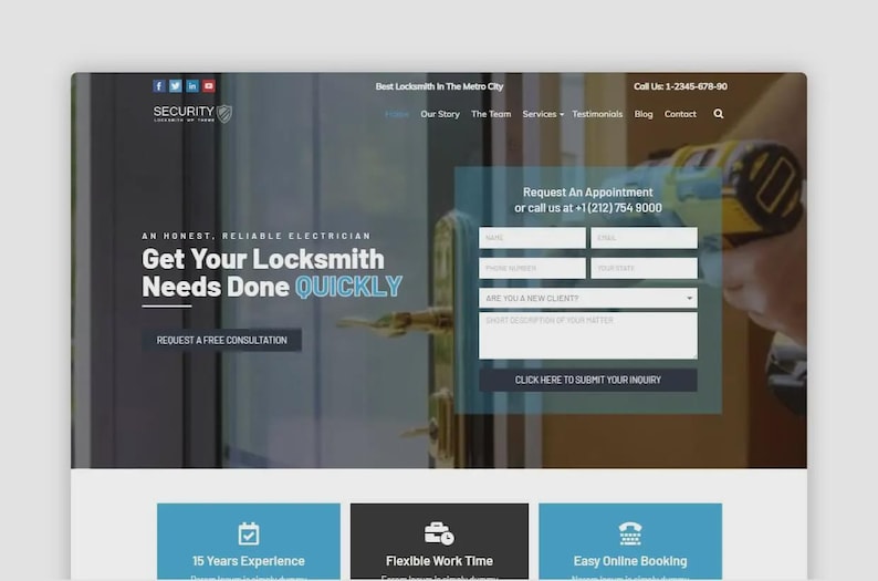 May include: Screenshot of a website for a locksmith service. The site features a form to request an appointment, along with the text "Get Your Locksmith Needs Done QUICKLY." The site also displays contact information.