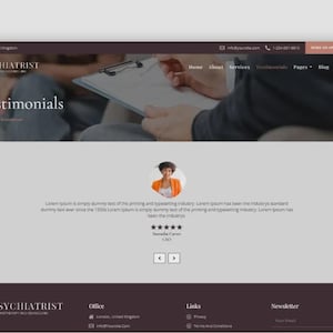 May include: Screenshot of a website for a psychiatrist. The website features a dark maroon header with navigation links and a logo. The main content area displays the word "Testimonials" and a section with a person's photo and a review.
