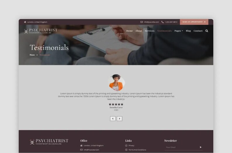May include: Screenshot of a website for a psychiatrist. The website features a dark maroon header with navigation links and a logo. The main content area displays the word "Testimonials" and a section with a person's photo and a review.