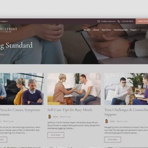 May include: A website homepage for a psychiatrist's blog, featuring a header with the word "PSYCHIATRIST" and a blog title "Blog Standard." The page includes blog post previews with titles like "Panic Attacks: Causes, Symptoms & Treatment" and "Self-Care Tips for Busy Minds."