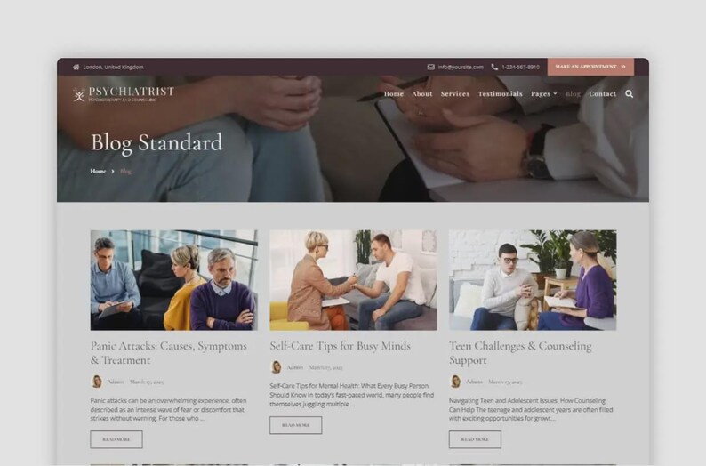 May include: A website homepage for a psychiatrist's blog, featuring a header with the word "PSYCHIATRIST" and a blog title "Blog Standard." The page includes blog post previews with titles like "Panic Attacks: Causes, Symptoms & Treatment" and "Self-Care Tips for Busy Minds."