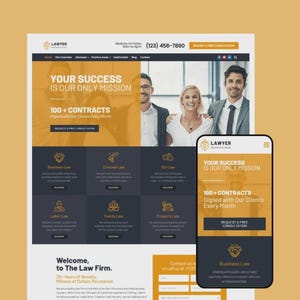 以下が含まれることがあります： 弁護士事務所のウェブサイトデザイン。デスクトップとモバイルデバイスで表示されます。デザインは、ゴールド、白、ネイビーブルーの配色を使用しています。ウェブサイトの見出しには「Your Success Is Our Only Mission」と書かれています。