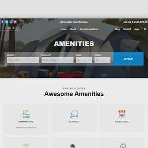 May include: Screenshot of a website for hiking and accommodation services. The page displays a tent image, search fields for check-in and check-out dates, and options for adults and children. It also highlights amenities such as swimming pools and food stands.