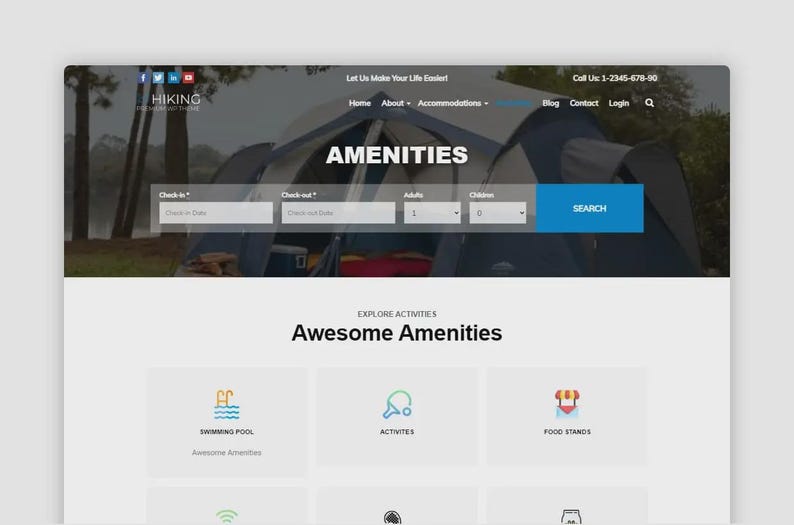 May include: Screenshot of a website for hiking and accommodation services. The page displays a tent image, search fields for check-in and check-out dates, and options for adults and children. It also highlights amenities such as swimming pools and food stands.