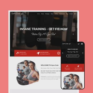 May include: A website and smartphone display a fitness club's homepage. The website features the text "INSANE TRAINING - GET FIT NOW" and "Metro City's #1 Gym Club." The smartphone shows a similar layout with the text "BEING FIT IS NEW SEXY."