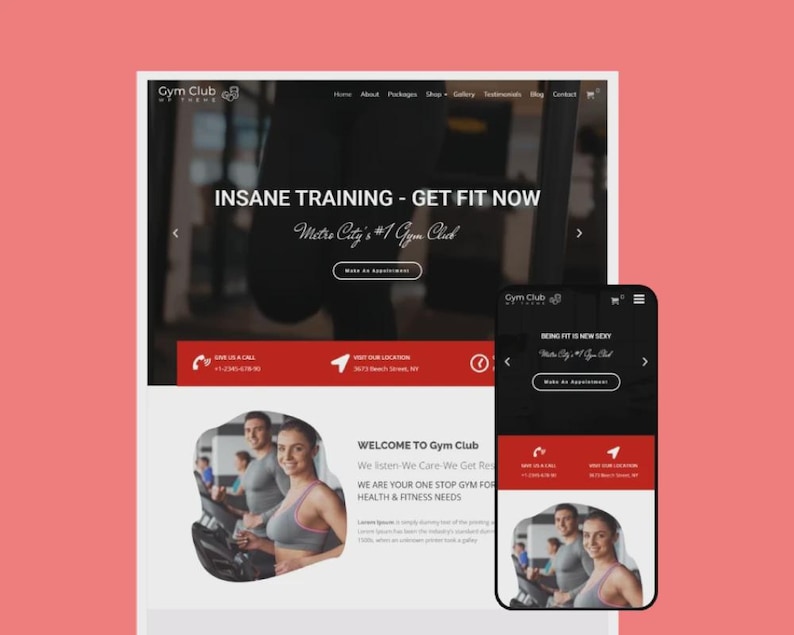 May include: A website and smartphone display a fitness club's homepage. The website features the text "INSANE TRAINING - GET FIT NOW" and "Metro City's #1 Gym Club." The smartphone shows a similar layout with the text "BEING FIT IS NEW SEXY."