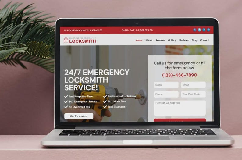 Op de afbeelding: Een laptop toont een website voor een slotenmakersbedrijf. De site heeft een rood-wit kleurenschema met de tekst "24/7 EMERGENCY LOCKSMITH SERVICE!" en een telefoonnummer. Een boor is te zien in de afbeelding. Er is ook een contactformulier.