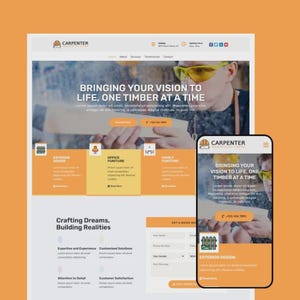 May include: A website design for a carpentry business, featuring a desktop and mobile view. The design uses orange and white colors. The text reads "BRINGING YOUR VISION TO LIFE, ONE TIMBER AT A TIME" and "Crafting Dreams, Building Realities."