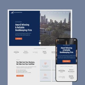 May include: A website design for a bookkeeping firm, displayed on a desktop and a smartphone. The website features a dark blue banner with the text "Award Winning & Reliable Bookkeeping Firm." The smartphone shows the same design.
