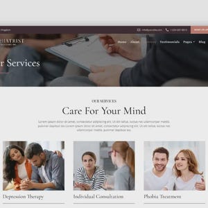 May include: Website design for a psychiatrist's office, featuring the text "PSYCHIATRIST" and "Our Services." The site offers information on depression therapy, individual consultation, and phobia treatment. The design includes a header with contact information.