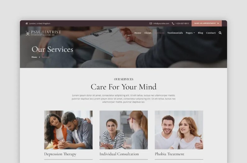 May include: Website design for a psychiatrist's office, featuring the text "PSYCHIATRIST" and "Our Services." The site offers information on depression therapy, individual consultation, and phobia treatment. The design includes a header with contact information.