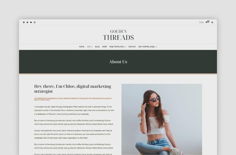 Puede incluir: Maqueta de sitio web con el texto "GOLDEN THREADS" en la parte superior. La p&aacute;gina presenta una secci&oacute;n titulada "About Us" e incluye el texto "Hey there, I'm Chloe, digital marketing strategist."