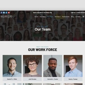 May include: A website screenshot featuring the text "Our Team" and "Our Work Force." The top section displays a collage of faces. Below, four staff members are shown with their names: Daniel P.J. Miller, Jodi Morales, Kenneth L. Tucker, and Kevin J. Tucker.
