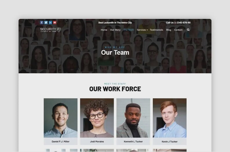 May include: A website screenshot featuring the text "Our Team" and "Our Work Force." The top section displays a collage of faces. Below, four staff members are shown with their names: Daniel P.J. Miller, Jodi Morales, Kenneth L. Tucker, and Kevin J. Tucker.