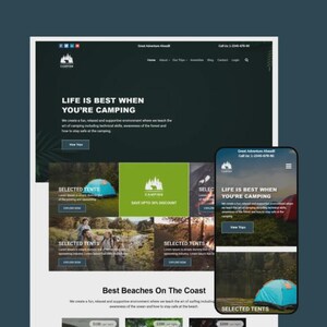 May include: A website design with the text "LIFE IS BEST WHEN YOU'RE CAMPING" and images of tents and people camping. A mobile phone displays the website. The website promotes camping and outdoor adventures.