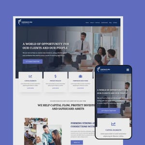 Puede incluir: Diseño de sitio web con el texto "A WORLD OF OPPORTUNITY FOR OUR CLIENTS AND OUR PEOPLE" que se muestra en un ordenador de sobremesa y un teléfono móvil. El sitio web tiene un tema corporativo.