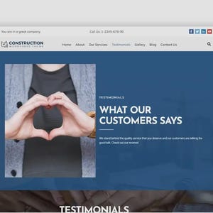 May include: A website design for a construction company. The site features a blue and white colour scheme with the text "CONSTRUCTION WOODPRESS THEME". The page includes the text "WHAT OUR CUSTOMERS SAYS" and a person making a heart shape with their hands.