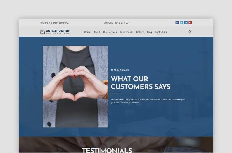 May include: A website design for a construction company. The site features a blue and white colour scheme with the text "CONSTRUCTION WOODPRESS THEME". The page includes the text "WHAT OUR CUSTOMERS SAYS" and a person making a heart shape with their hands.