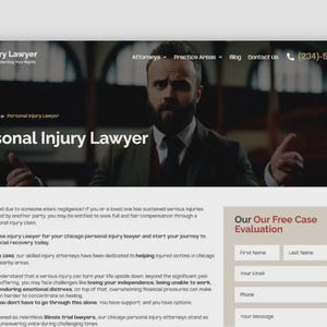 May include: A website screenshot featuring a man in a suit with the text "Personal Injury Lawyer." The website includes a form for a free case evaluation and contact information.