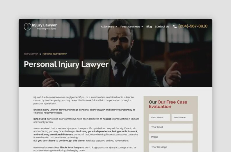 May include: A website screenshot featuring a man in a suit with the text "Personal Injury Lawyer." The website includes a form for a free case evaluation and contact information.